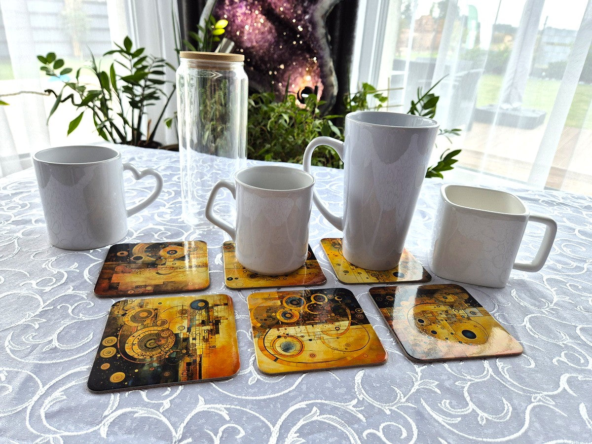 Set of 6 cork coasters – Klimt Inspired Steampunk Elegance