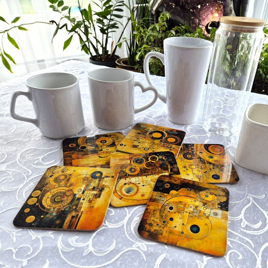 Set of 6 cork coasters – Klimt Inspired Steampunk Elegance