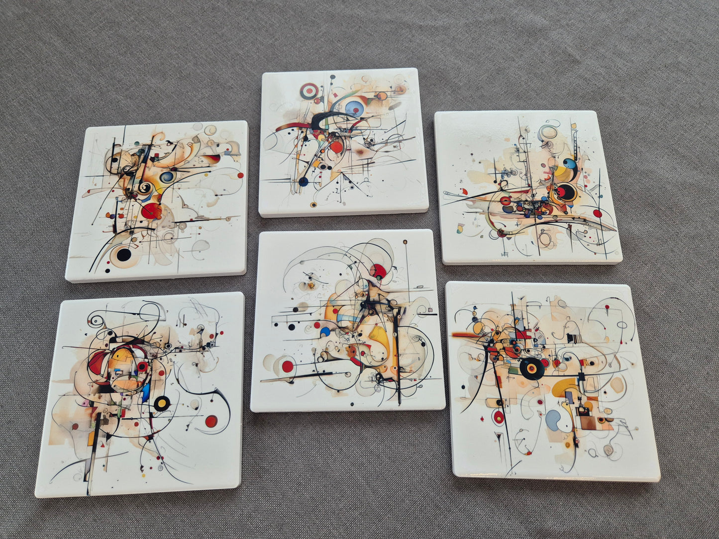 Set of 6 handmade ceramic coasters - Chaotic Symphony.