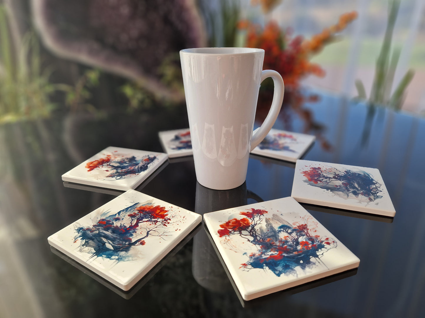 Set of 6 handmade ceramic coasters - Mystic Blossom.