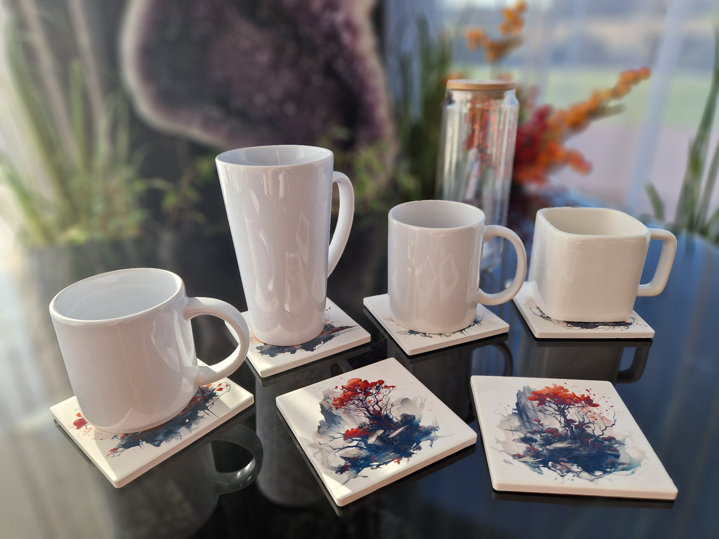 Set of 6 handmade ceramic coasters - Mystic Blossom.