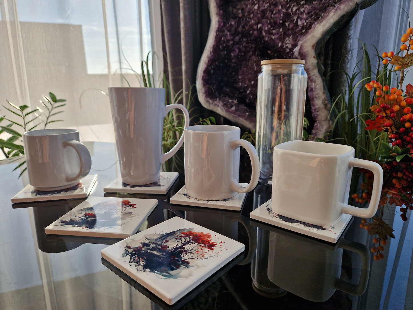 Set of 6 handmade ceramic coasters - Mystic Blossom.