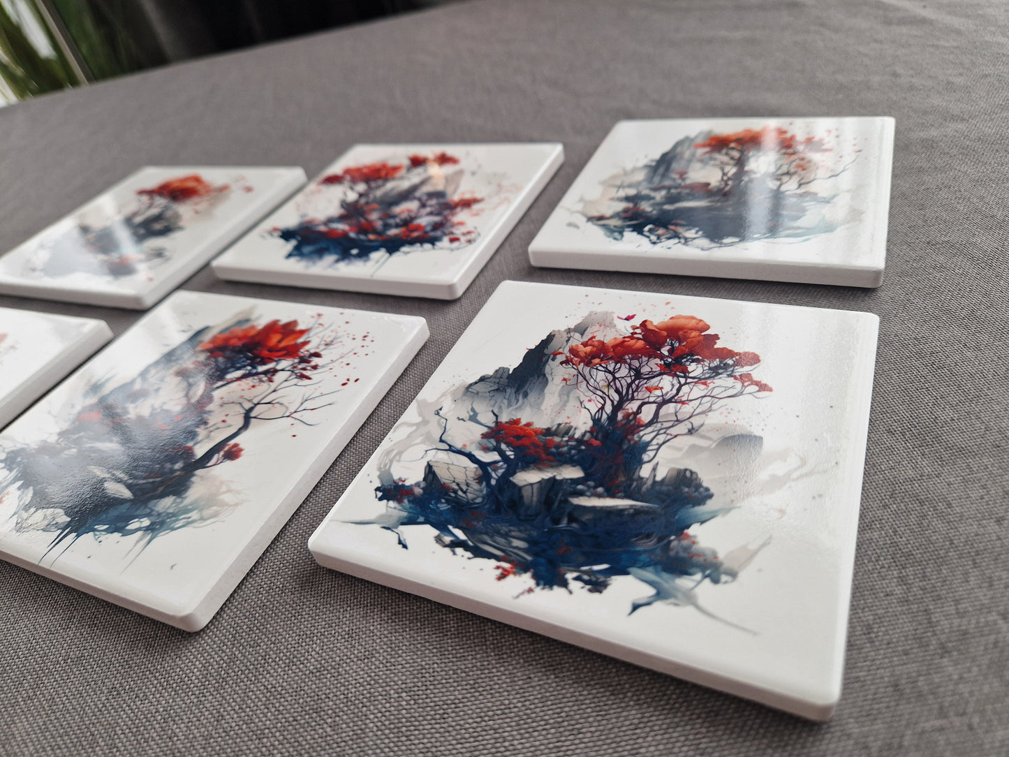 Set of 6 handmade ceramic coasters - Mystic Blossom.