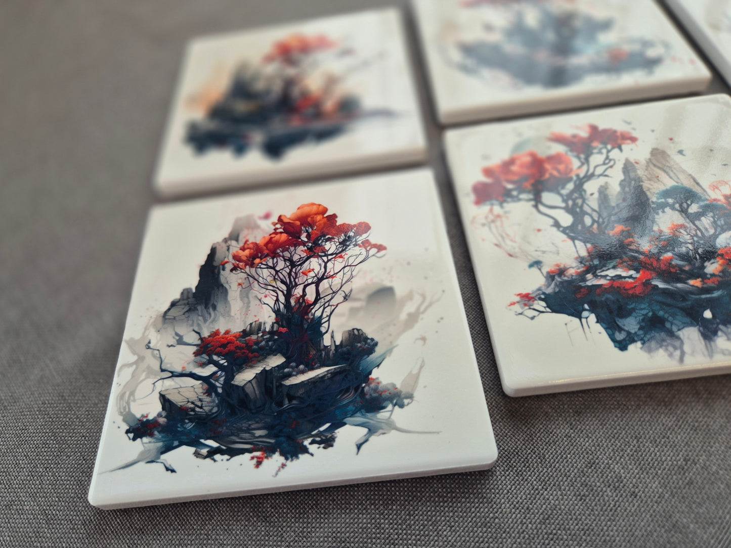 Set of 6 handmade ceramic coasters - Mystic Blossom.