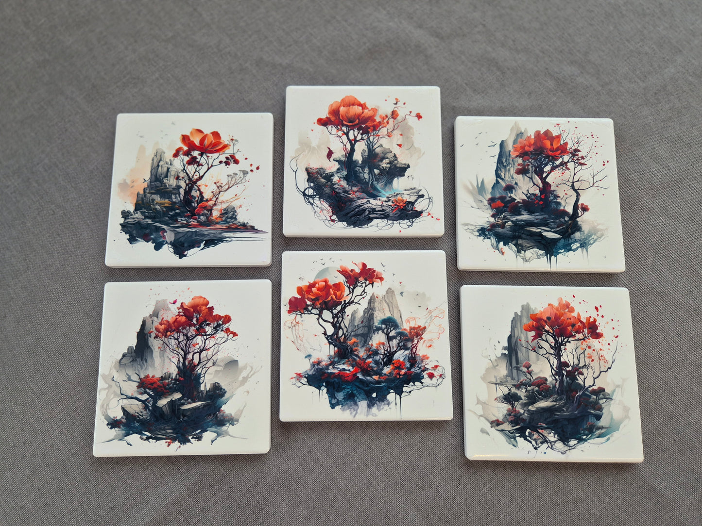 Set of 6 handmade ceramic coasters - Mystic Blossom.