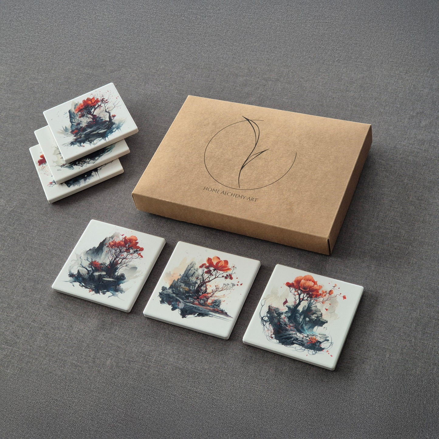 Set of 6 ceramic coasters - Mystic Blossom.