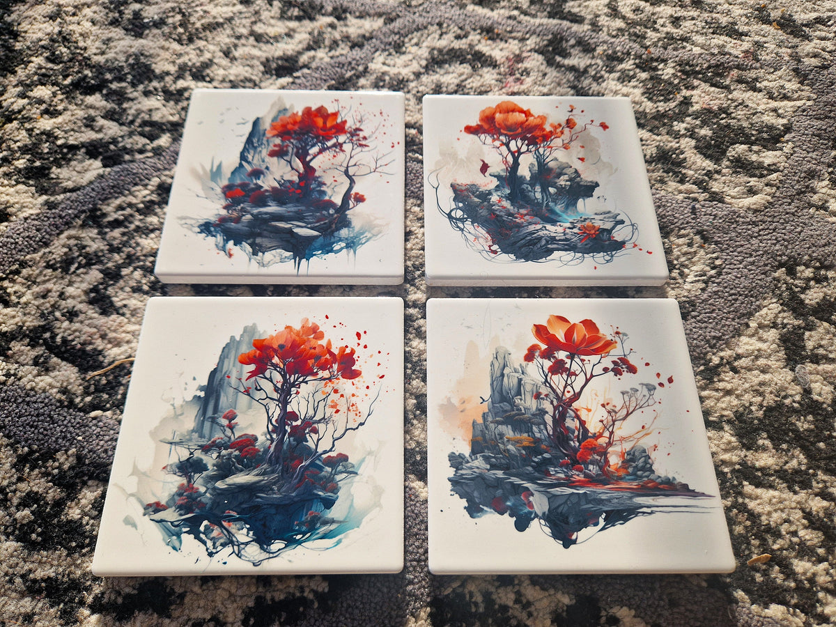 Set of 4 ceramic coasters - Mystic Blossom.