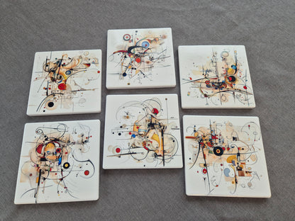 Set of 6 handmade ceramic coasters - Chaotic Symphony.