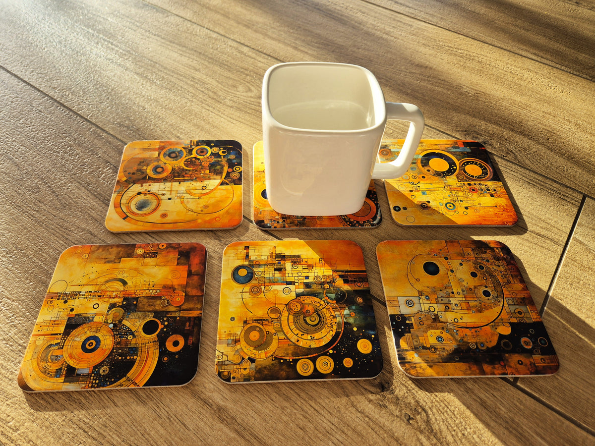 Set of 6 cork coasters – Klimt Inspired Steampunk Elegance