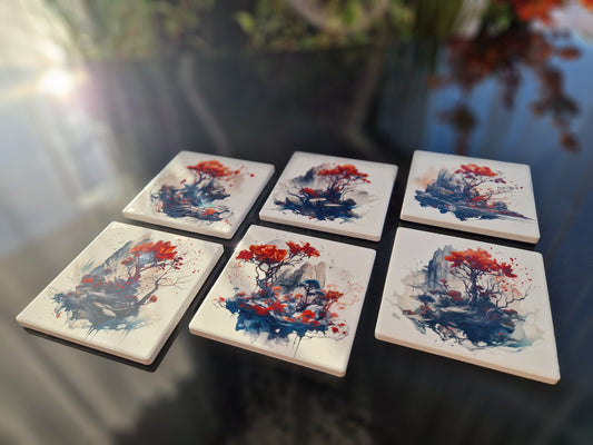 Set of 6 handmade ceramic coasters - Mystic Blossom.