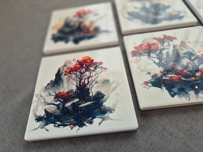 Set of 6 handmade ceramic coasters - Mystic Blossom.